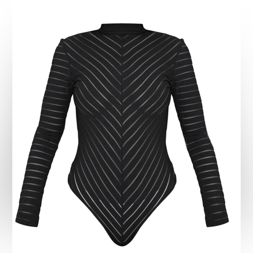 Black Chevron Mesh Long Sleeve Thong Bodysuit